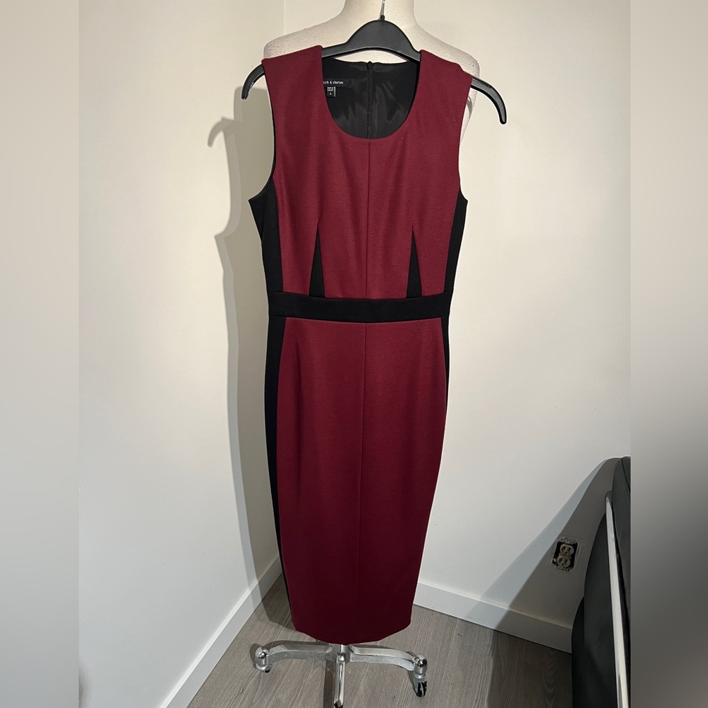 Judith & Charles Burgundy wool dress with Black Paneling and darts. Size 2